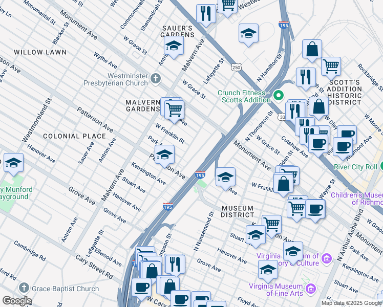 map of restaurants, bars, coffee shops, grocery stores, and more near 905 Kent Road in Richmond