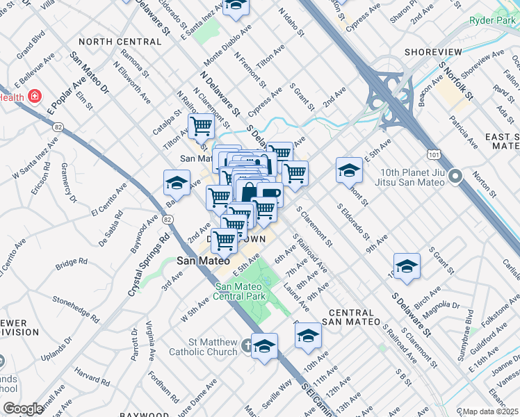 map of restaurants, bars, coffee shops, grocery stores, and more near 303 East 3rd Avenue in San Mateo