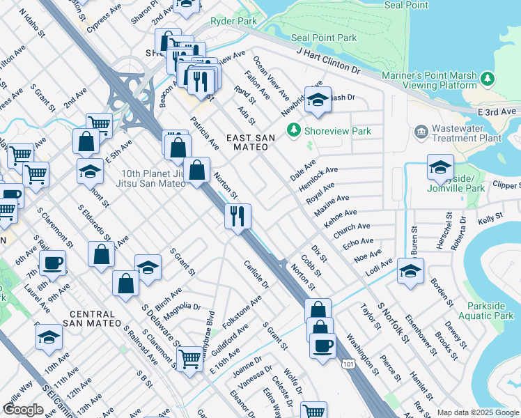 map of restaurants, bars, coffee shops, grocery stores, and more near 1040 Patricia Avenue in San Mateo