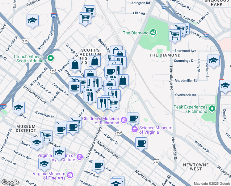 map of restaurants, bars, coffee shops, grocery stores, and more near 1201 North Arthur Ashe Boulevard in Richmond
