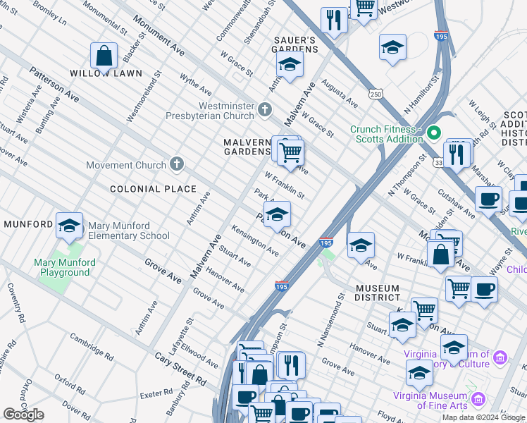 map of restaurants, bars, coffee shops, grocery stores, and more near 3960 Patterson Avenue in Richmond
