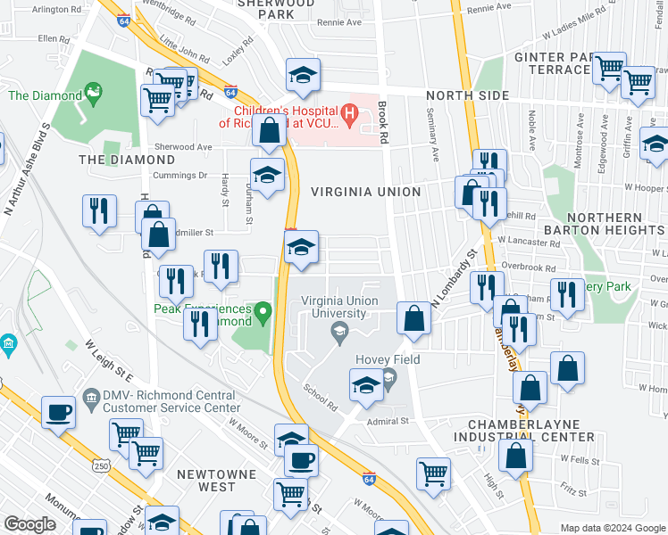 map of restaurants, bars, coffee shops, grocery stores, and more near 1246 Overbrook Road in Richmond