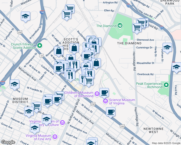 map of restaurants, bars, coffee shops, grocery stores, and more near 1201 North Arthur Ashe Boulevard in Richmond