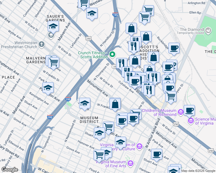map of restaurants, bars, coffee shops, grocery stores, and more near 3328 West Grace Street in Richmond