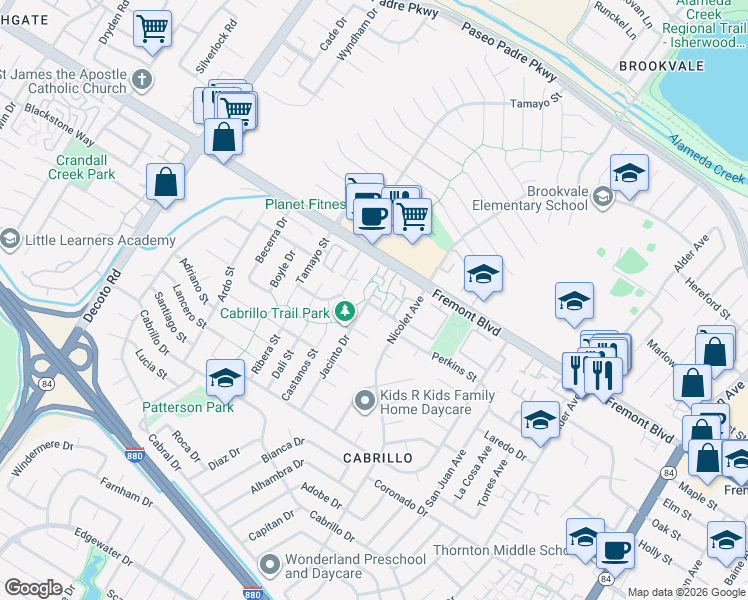 map of restaurants, bars, coffee shops, grocery stores, and more near 4063 Grama Terrace in Fremont