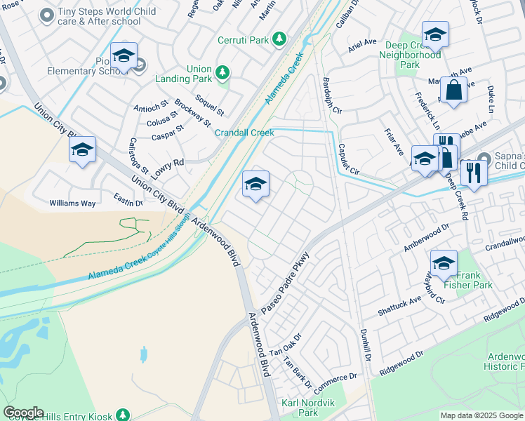 map of restaurants, bars, coffee shops, grocery stores, and more near 33420 Pony Loop in Fremont