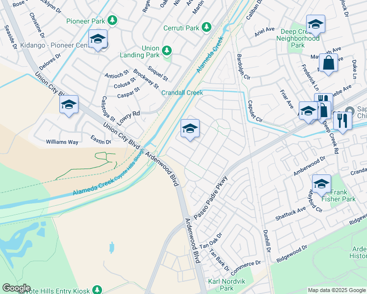 map of restaurants, bars, coffee shops, grocery stores, and more near 33420 Pony Loop in Fremont