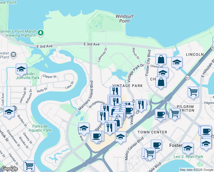map of restaurants, bars, coffee shops, grocery stores, and more near 353 Lakeside Dr in Foster City