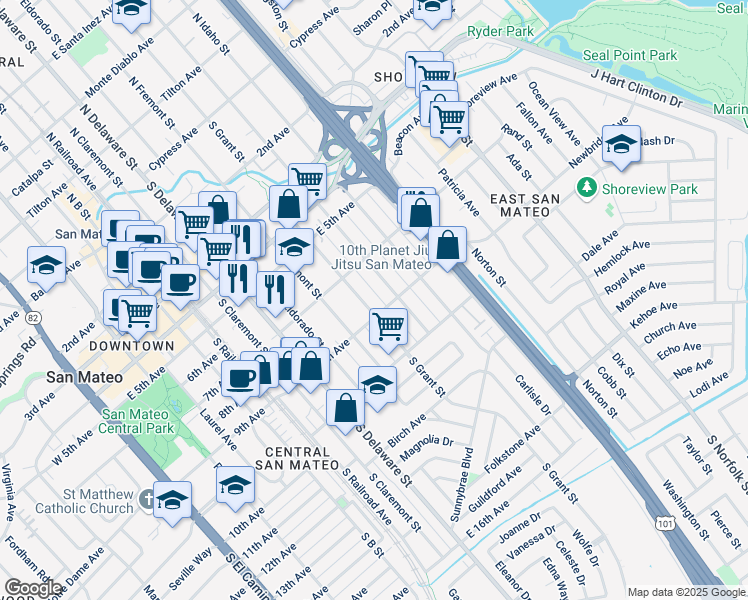 map of restaurants, bars, coffee shops, grocery stores, and more near 804 South Humboldt Street in San Mateo