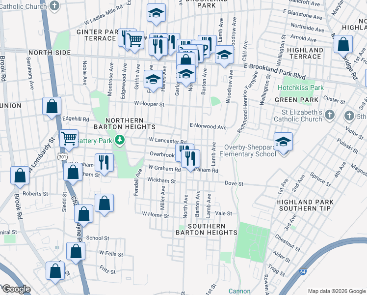 map of restaurants, bars, coffee shops, grocery stores, and more near 2603 North Avenue in Richmond