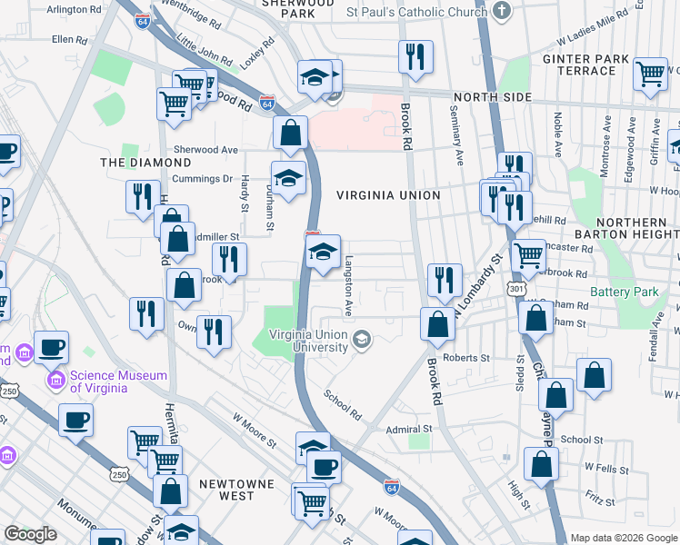 map of restaurants, bars, coffee shops, grocery stores, and more near 1303 Dubois Avenue in Richmond