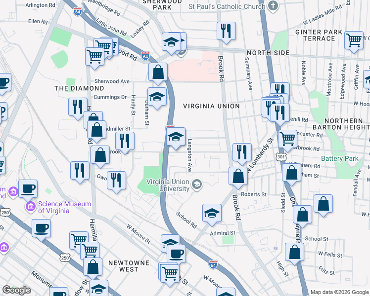 map of restaurants, bars, coffee shops, grocery stores, and more near 1303 Dubois Avenue in Richmond