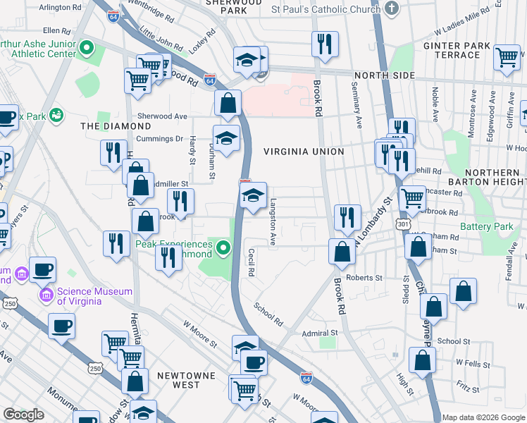 map of restaurants, bars, coffee shops, grocery stores, and more near 1303 Dubois Avenue in Richmond