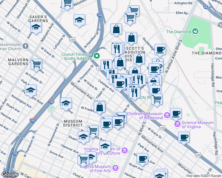 map of restaurants, bars, coffee shops, grocery stores, and more near in Richmond