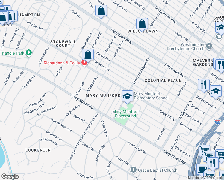 map of restaurants, bars, coffee shops, grocery stores, and more near 50 East Lock Lane in Richmond