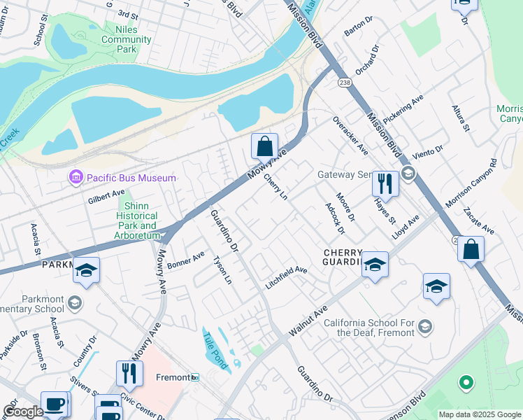 map of restaurants, bars, coffee shops, grocery stores, and more near 38627 Cherry Lane in Fremont