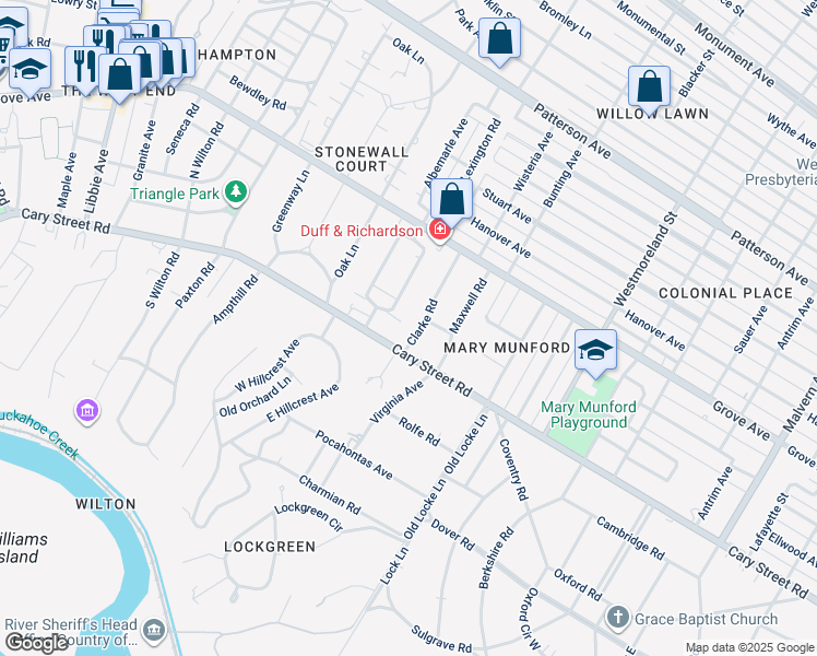 map of restaurants, bars, coffee shops, grocery stores, and more near 2 Clarke Road in Richmond