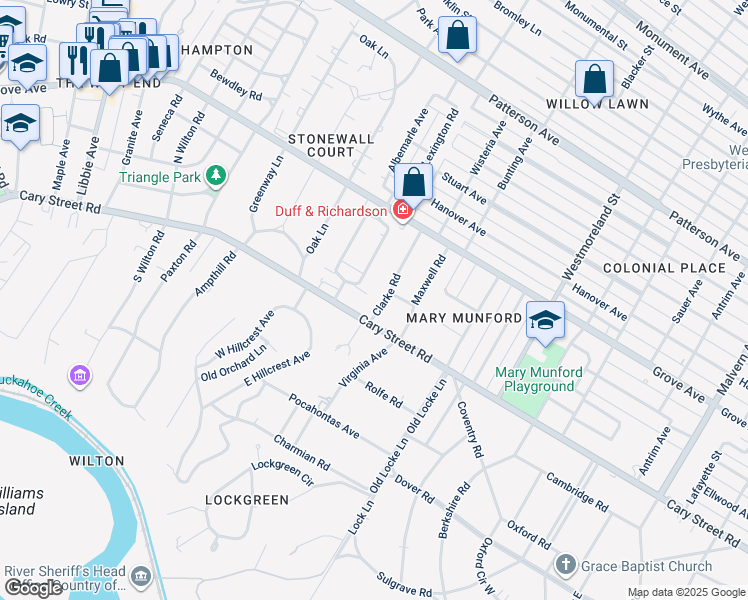 map of restaurants, bars, coffee shops, grocery stores, and more near 2 Clarke Road in Richmond