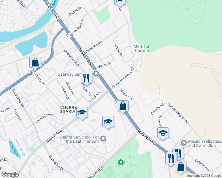 map of restaurants, bars, coffee shops, grocery stores, and more near 0 Morrison Canyon Road in Fremont