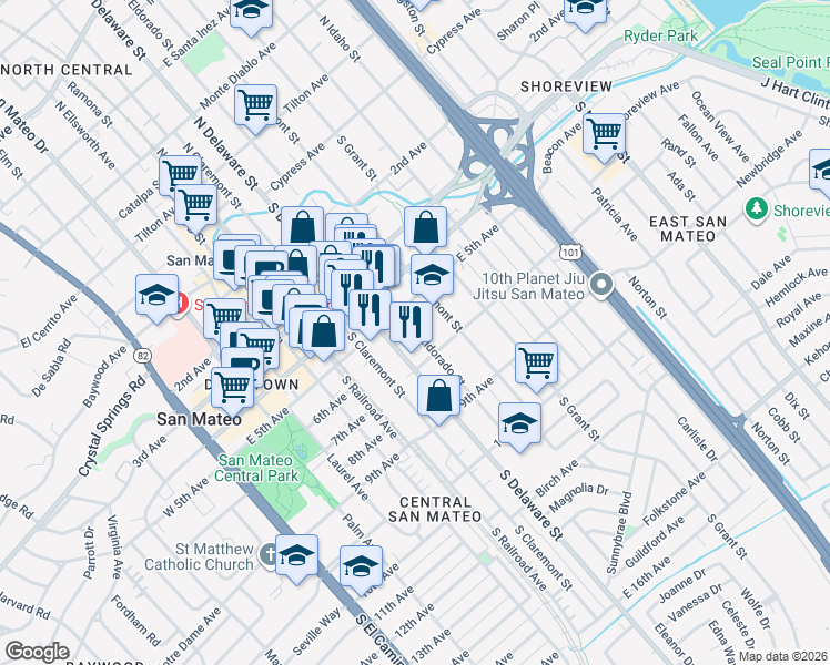 map of restaurants, bars, coffee shops, grocery stores, and more near 526 South Eldorado Street in San Mateo
