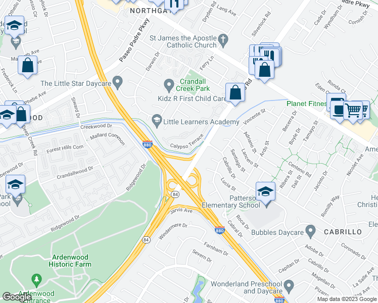 map of restaurants, bars, coffee shops, grocery stores, and more near 34941 Wharf Terrace in Fremont