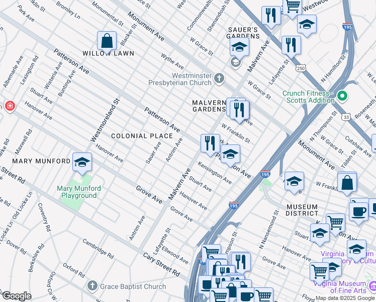 map of restaurants, bars, coffee shops, grocery stores, and more near 4103 Patterson Avenue in Richmond