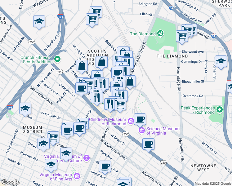 map of restaurants, bars, coffee shops, grocery stores, and more near 1202 North Sheppard Street in Richmond