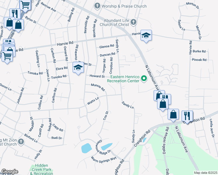 map of restaurants, bars, coffee shops, grocery stores, and more near 2913 Sandy Grove Court in Richmond