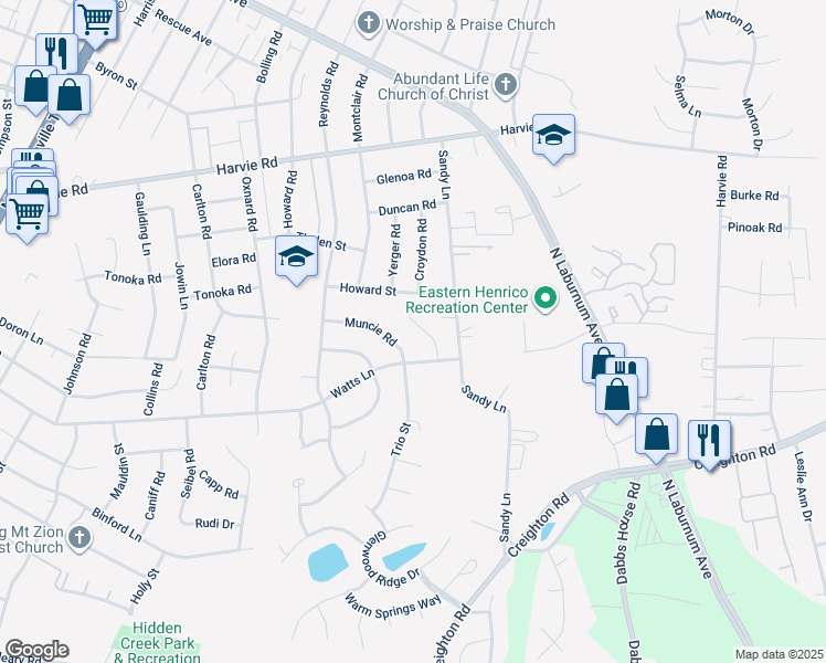 map of restaurants, bars, coffee shops, grocery stores, and more near 2913 Sandy Grove Court in Richmond
