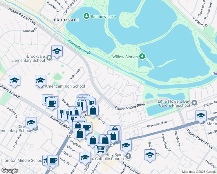 map of restaurants, bars, coffee shops, grocery stores, and more near 36987 Reynolds Drive in Fremont