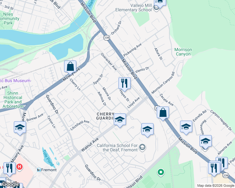 map of restaurants, bars, coffee shops, grocery stores, and more near 265 Mortimer Avenue in Fremont