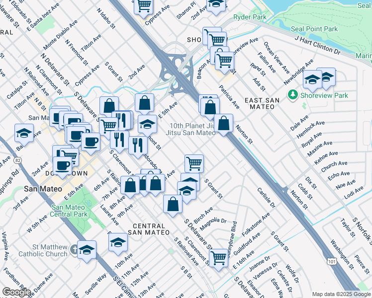 map of restaurants, bars, coffee shops, grocery stores, and more near 804 South Humboldt Street in San Mateo