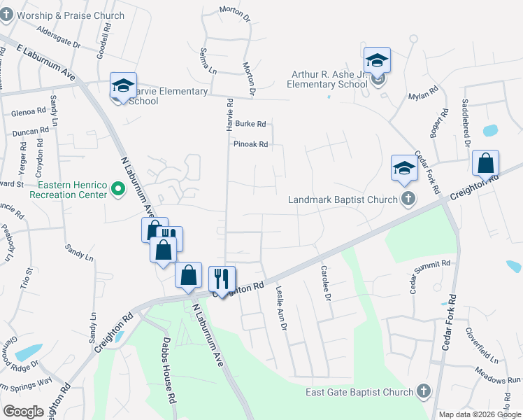 map of restaurants, bars, coffee shops, grocery stores, and more near 1620 Harvest Grove Lane in Richmond
