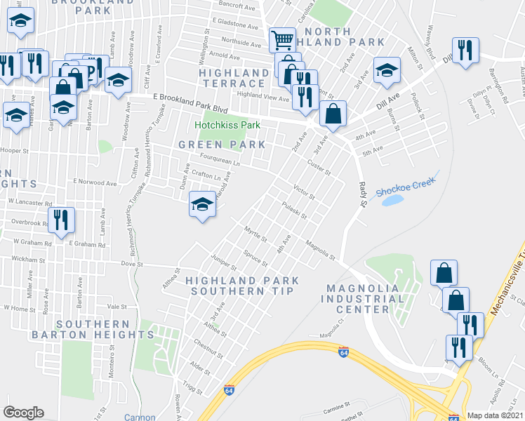 map of restaurants, bars, coffee shops, grocery stores, and more near 2605 2nd Avenue in Richmond