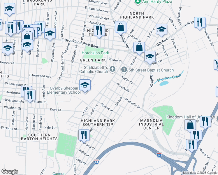 map of restaurants, bars, coffee shops, grocery stores, and more near 2605 2nd Avenue in Richmond