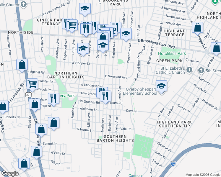 map of restaurants, bars, coffee shops, grocery stores, and more near 2603 Barton Avenue in Richmond