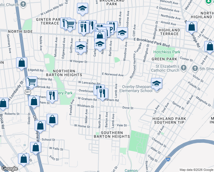map of restaurants, bars, coffee shops, grocery stores, and more near 2603 Barton Avenue in Richmond