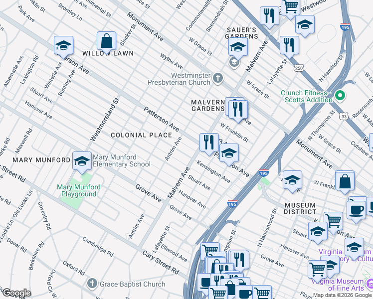 map of restaurants, bars, coffee shops, grocery stores, and more near 4103 Patterson Avenue in Richmond