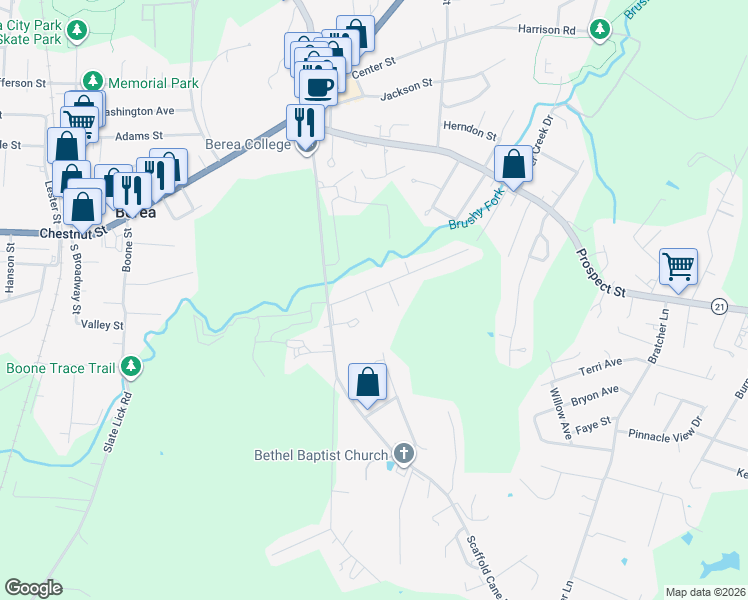 map of restaurants, bars, coffee shops, grocery stores, and more near 110 Elm Street in Berea