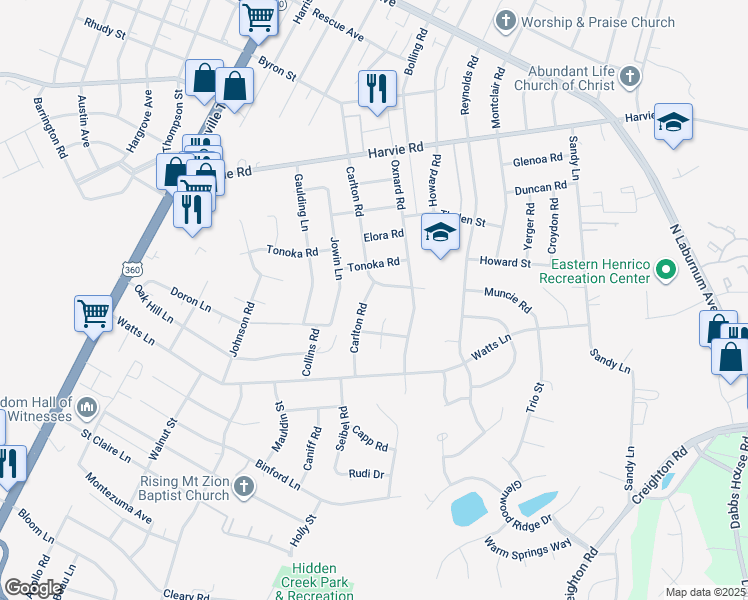 map of restaurants, bars, coffee shops, grocery stores, and more near 3111 Carlton Road in Richmond