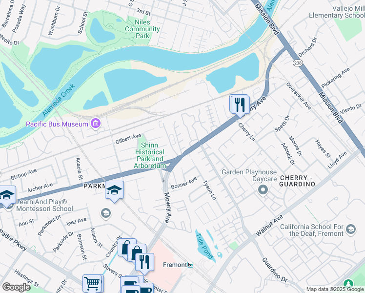 map of restaurants, bars, coffee shops, grocery stores, and more near 38450 Redwood Terrace in Fremont