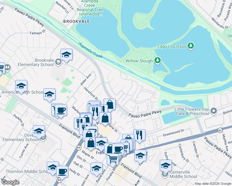 map of restaurants, bars, coffee shops, grocery stores, and more near 36976 Reynolds Drive in Fremont