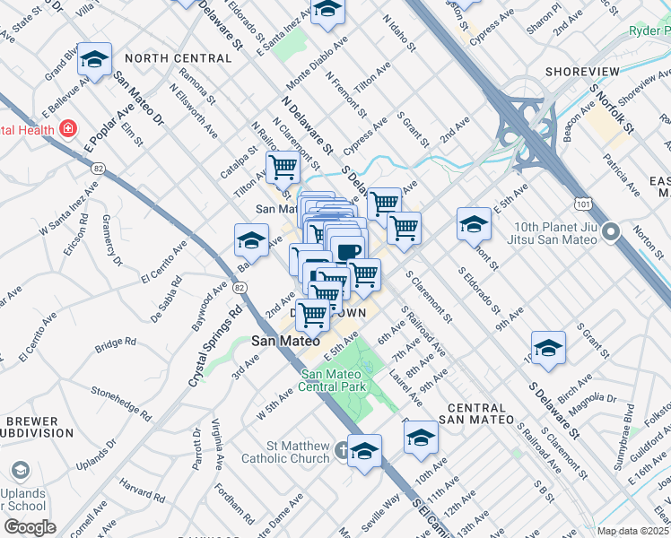 map of restaurants, bars, coffee shops, grocery stores, and more near 212 2nd Avenue in San Mateo