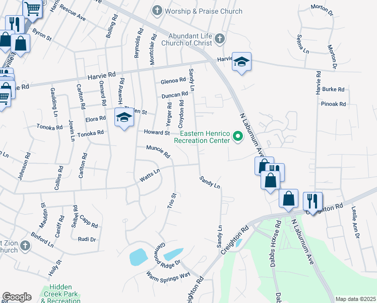 map of restaurants, bars, coffee shops, grocery stores, and more near 2920 Sandy Grove Court in Richmond
