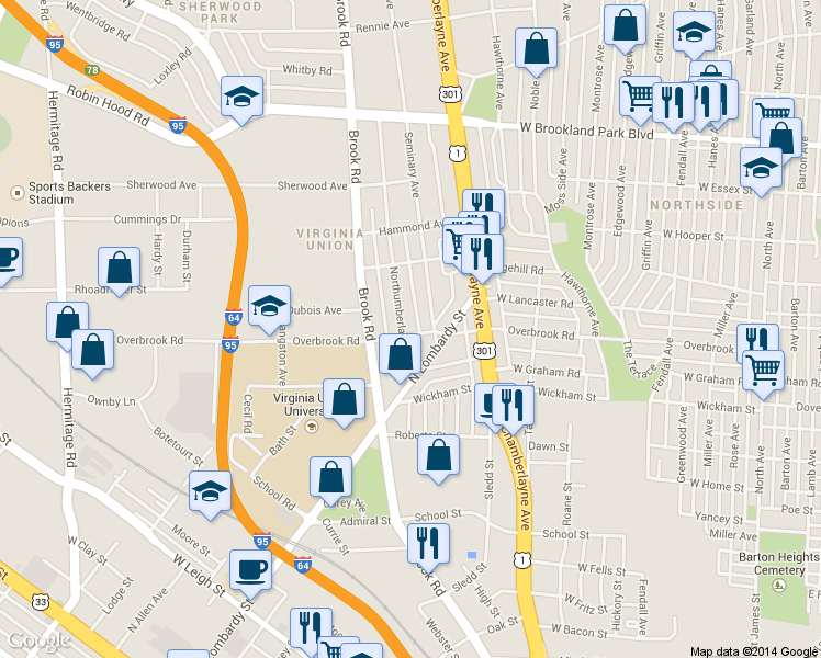map of restaurants, bars, coffee shops, grocery stores, and more near 2501 Northumberland Avenue in Richmond