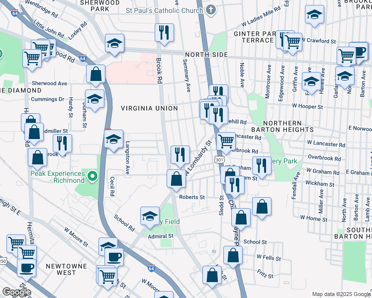 map of restaurants, bars, coffee shops, grocery stores, and more near 2501 Northumberland Avenue in Richmond