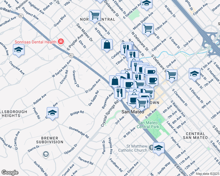 map of restaurants, bars, coffee shops, grocery stores, and more near 10 De Sabla Road in San Mateo