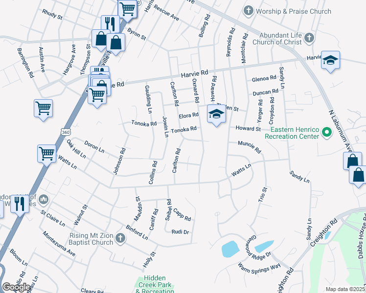 map of restaurants, bars, coffee shops, grocery stores, and more near 3111 Carlton Road in Richmond