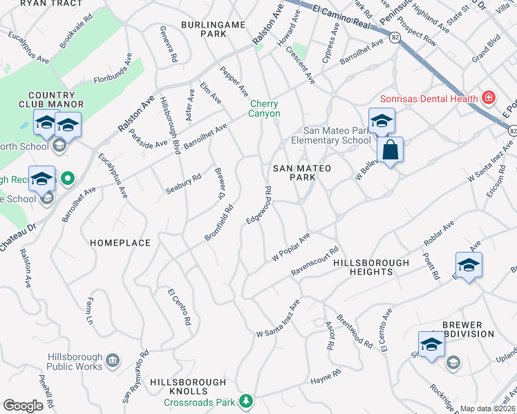 map of restaurants, bars, coffee shops, grocery stores, and more near 525 Edgewood Road in San Mateo
