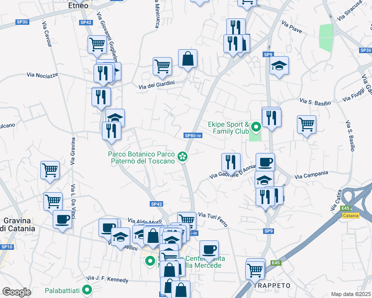 map of restaurants, bars, coffee shops, grocery stores, and more near 65 Via Roma in Sant'agata Li Battiati